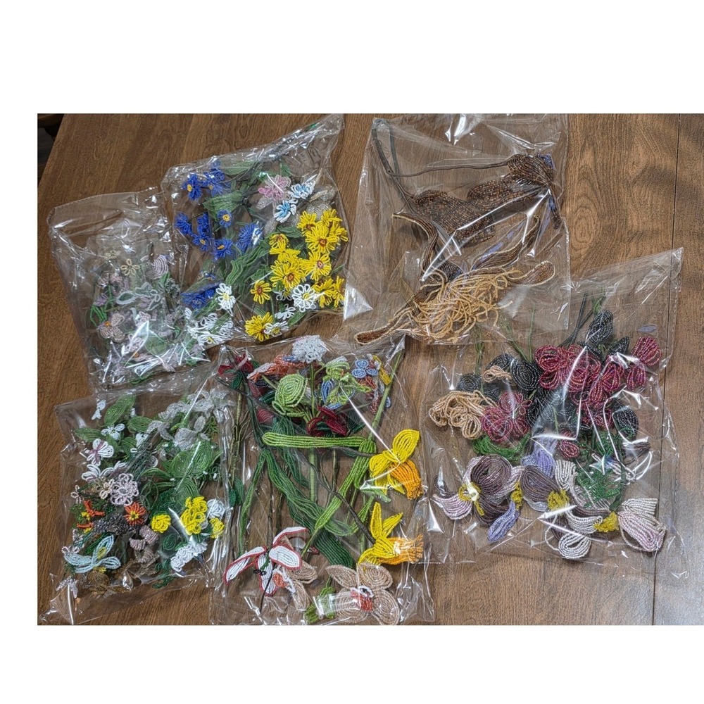Vintage Style French Beaded Flower Stems Lot Glass Seed Bead Floral 30+ stems